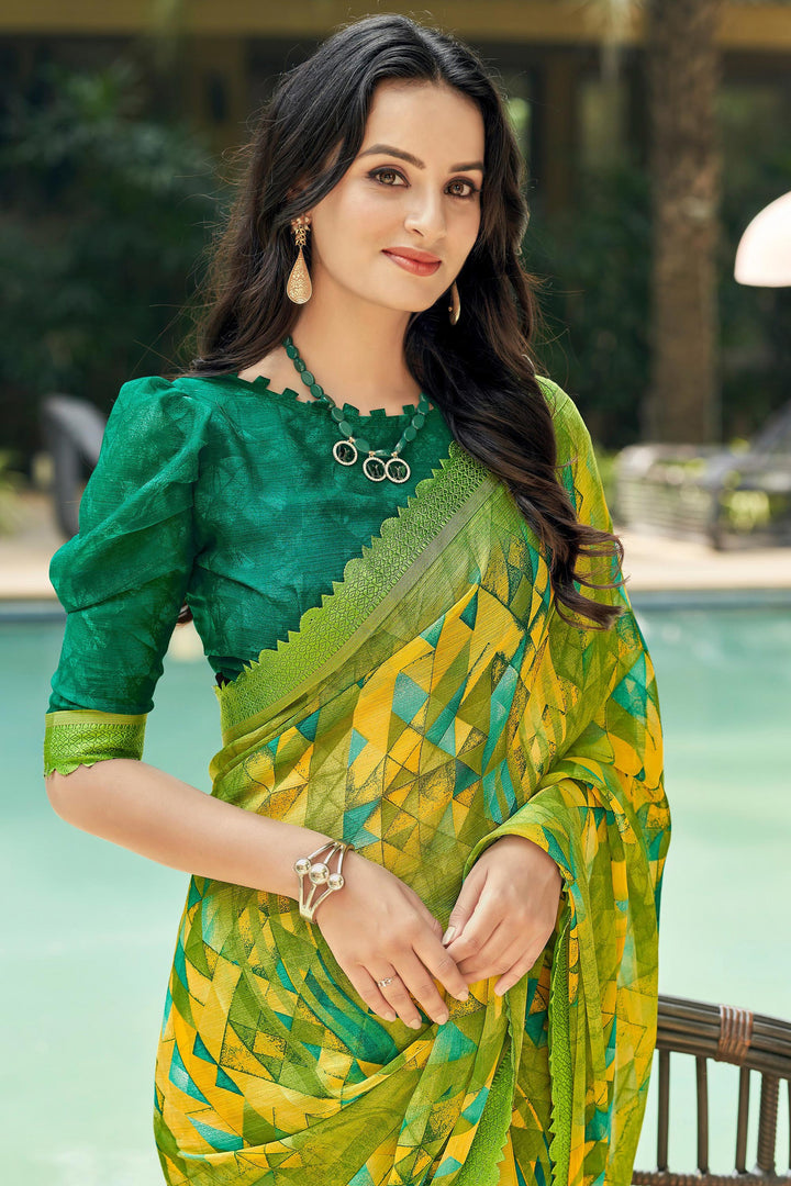 Green Color Chiffon Fabric Printed Casual Wear Saree