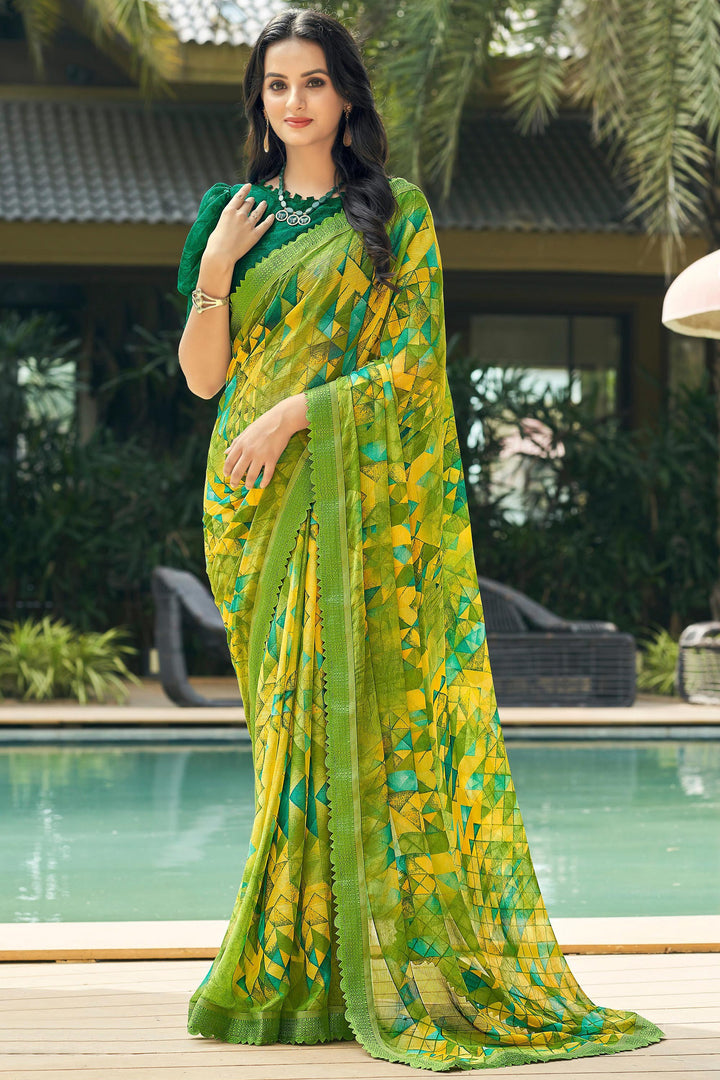 Green Color Chiffon Fabric Printed Casual Wear Saree