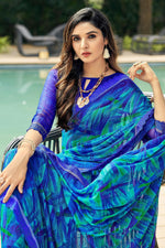 Load image into Gallery viewer, Casual Wear Classic Chiffon Fabric Printed Saree In Blue Color
