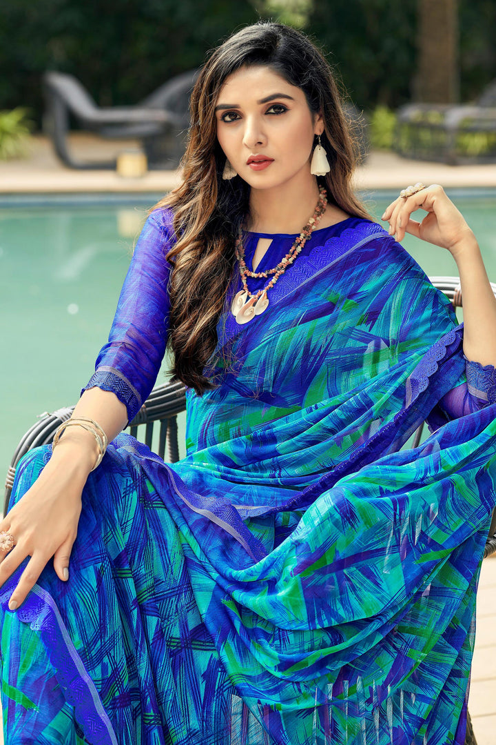Casual Wear Classic Chiffon Fabric Printed Saree In Blue Color