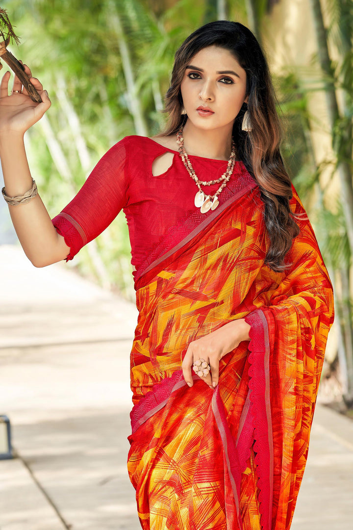 Red Color Daily Wear Classic Printed Chiffon Fabric Saree