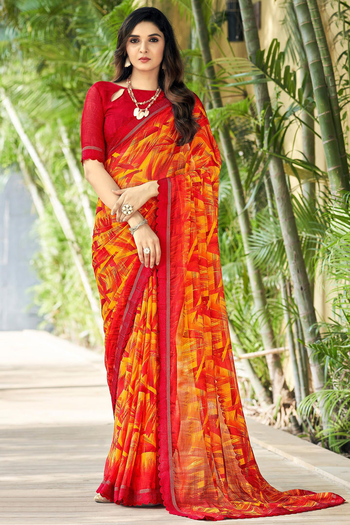 Red Color Daily Wear Classic Printed Chiffon Fabric Saree