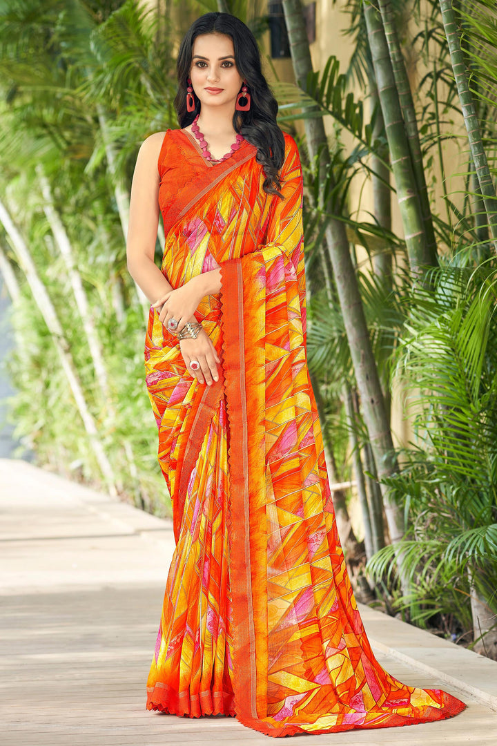 Chiffon Fabric Classic Casual Wear Orange Color Printed Saree
