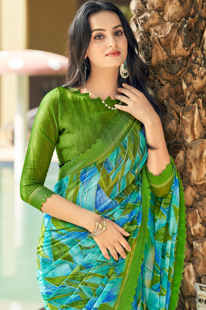 Casual Wear Classic Chiffon Fabric Green Color Printed Saree