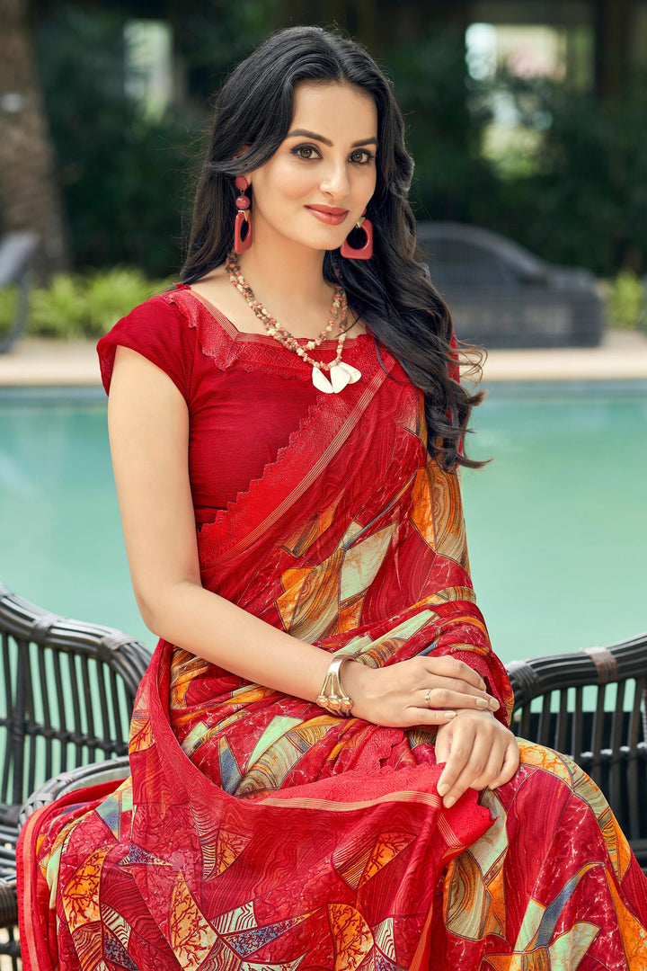 Red Color Daily Wear Classic Chiffon Fabric Printed Saree