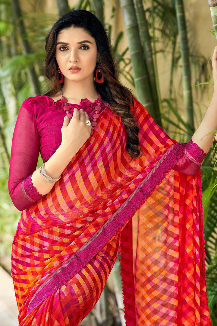 Rani Color Printed Chiffon Fabric Daily Wear Saree