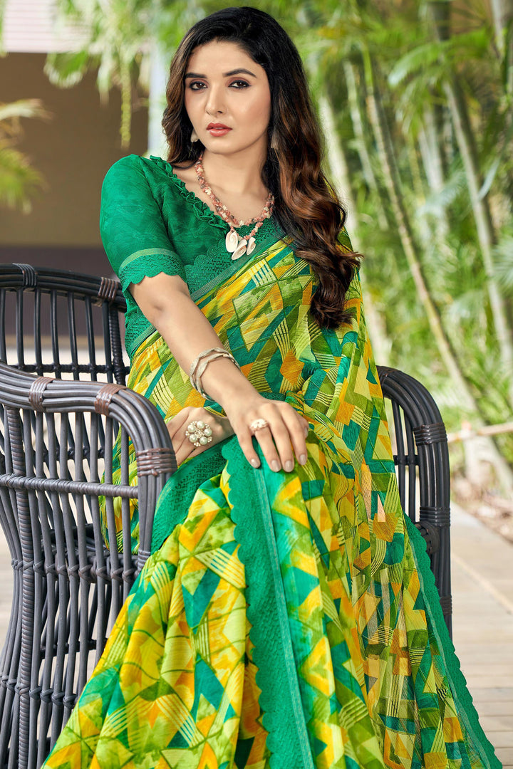 Printed Chiffon Fabric Daily Wear Green Color Saree