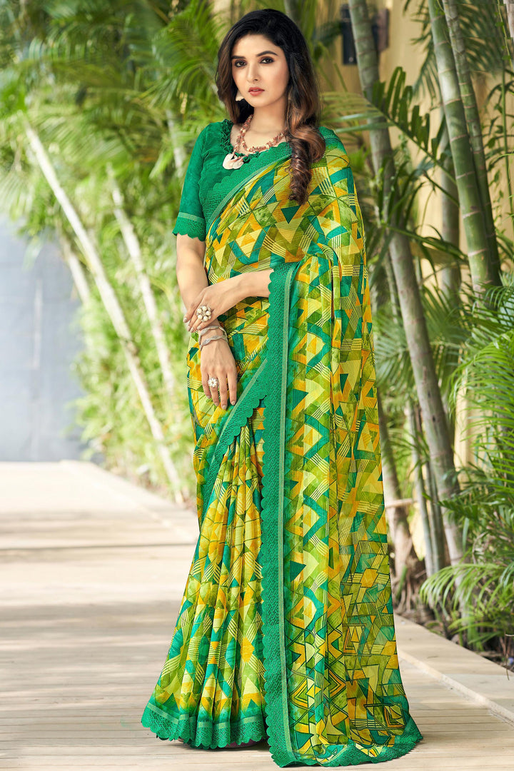 Printed Chiffon Fabric Daily Wear Green Color Saree