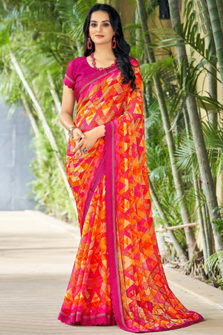 Chiffon Fabric Casual Wear Orange Color Printed Saree