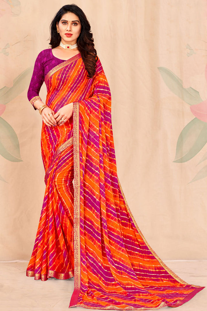 Chiffon Fabric Festive Look Orange Color Fantastic Printed Saree