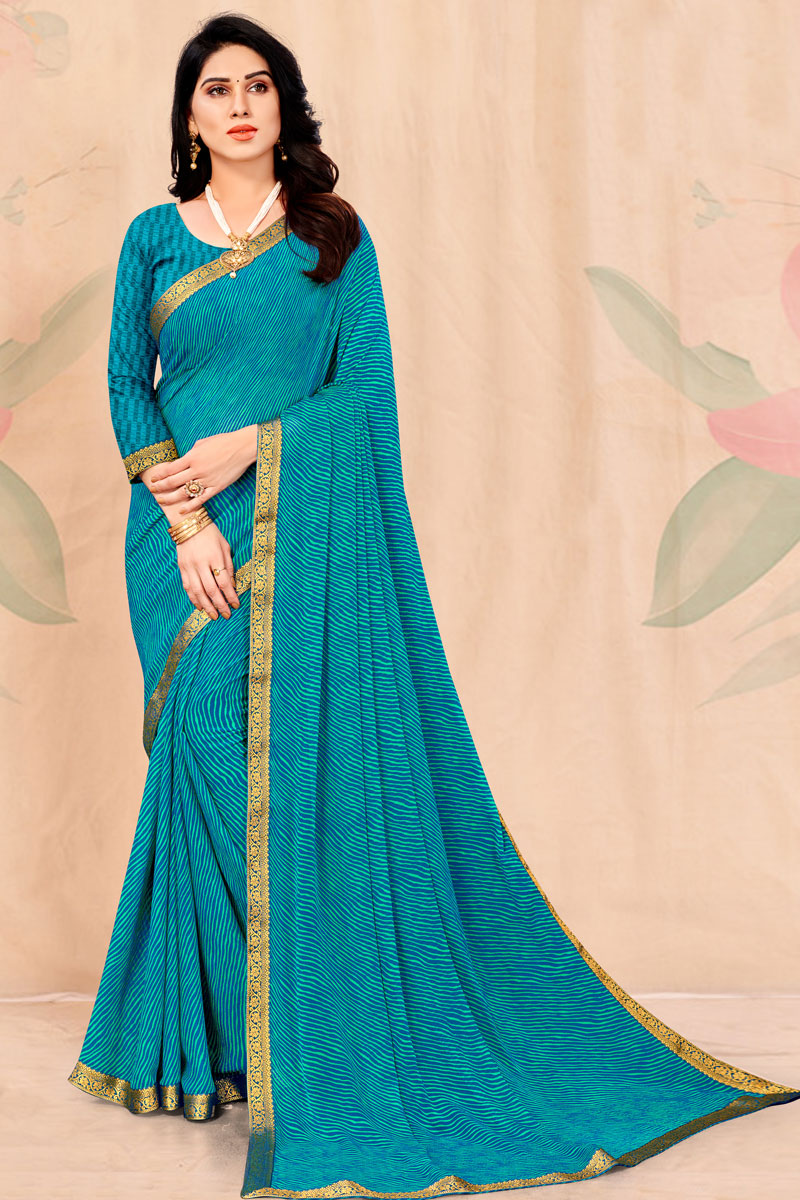 Chiffon Fabric Festive Look Stunning Printed Saree In Cyan Color