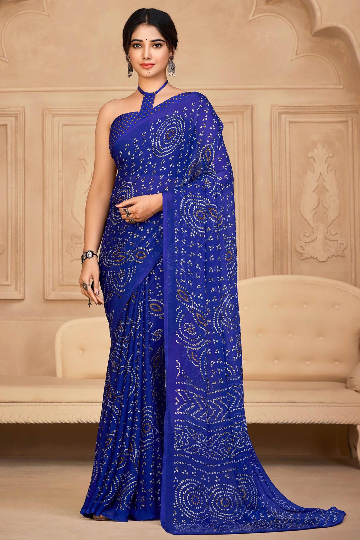 Bandhej Print Chiffon Fabric Blue Color Casual Saree