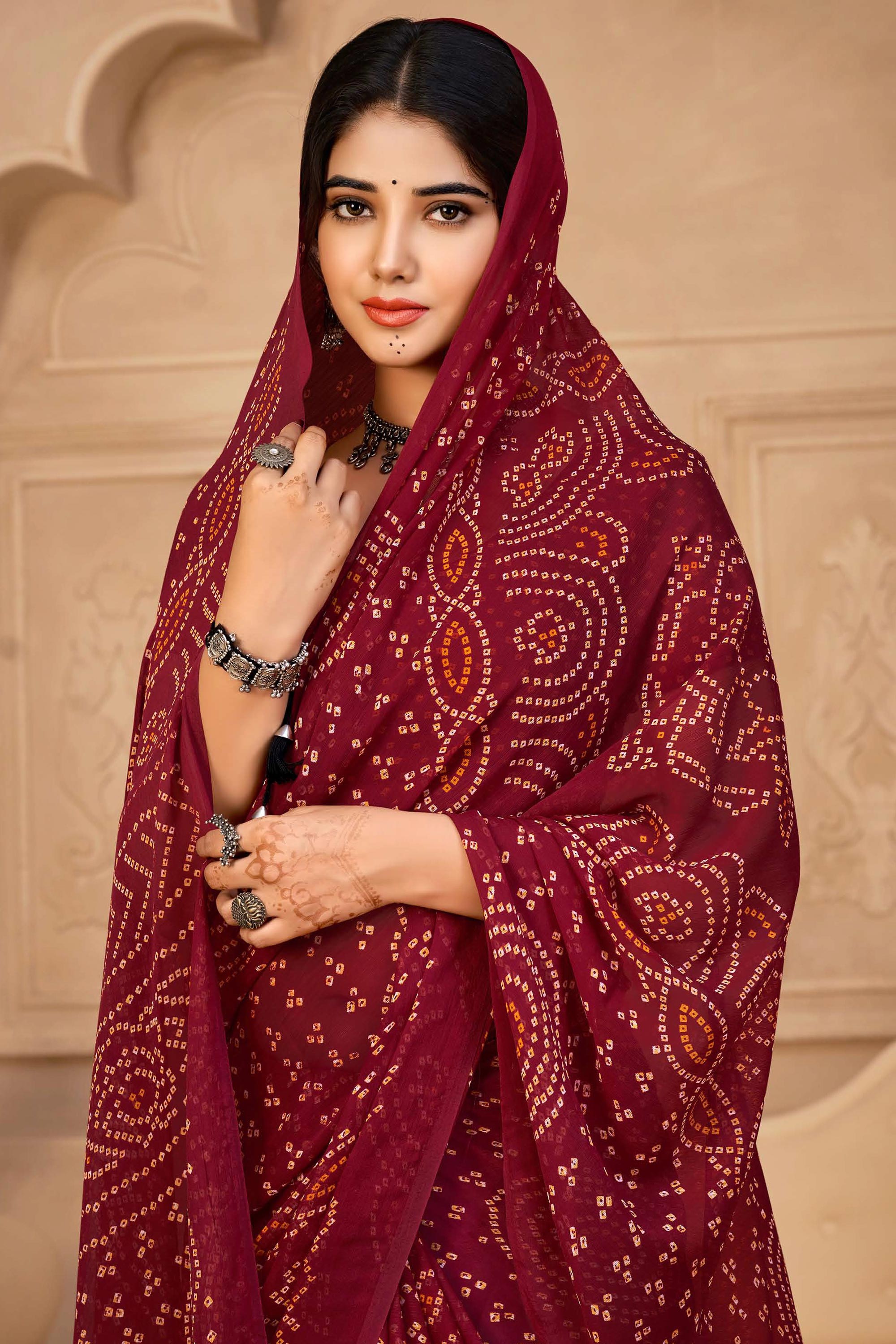 Maroon Color Chiffon Fabric Bandhej Print Daily Saree