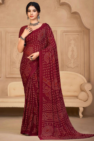 Maroon Color Chiffon Fabric Bandhej Print Daily Saree