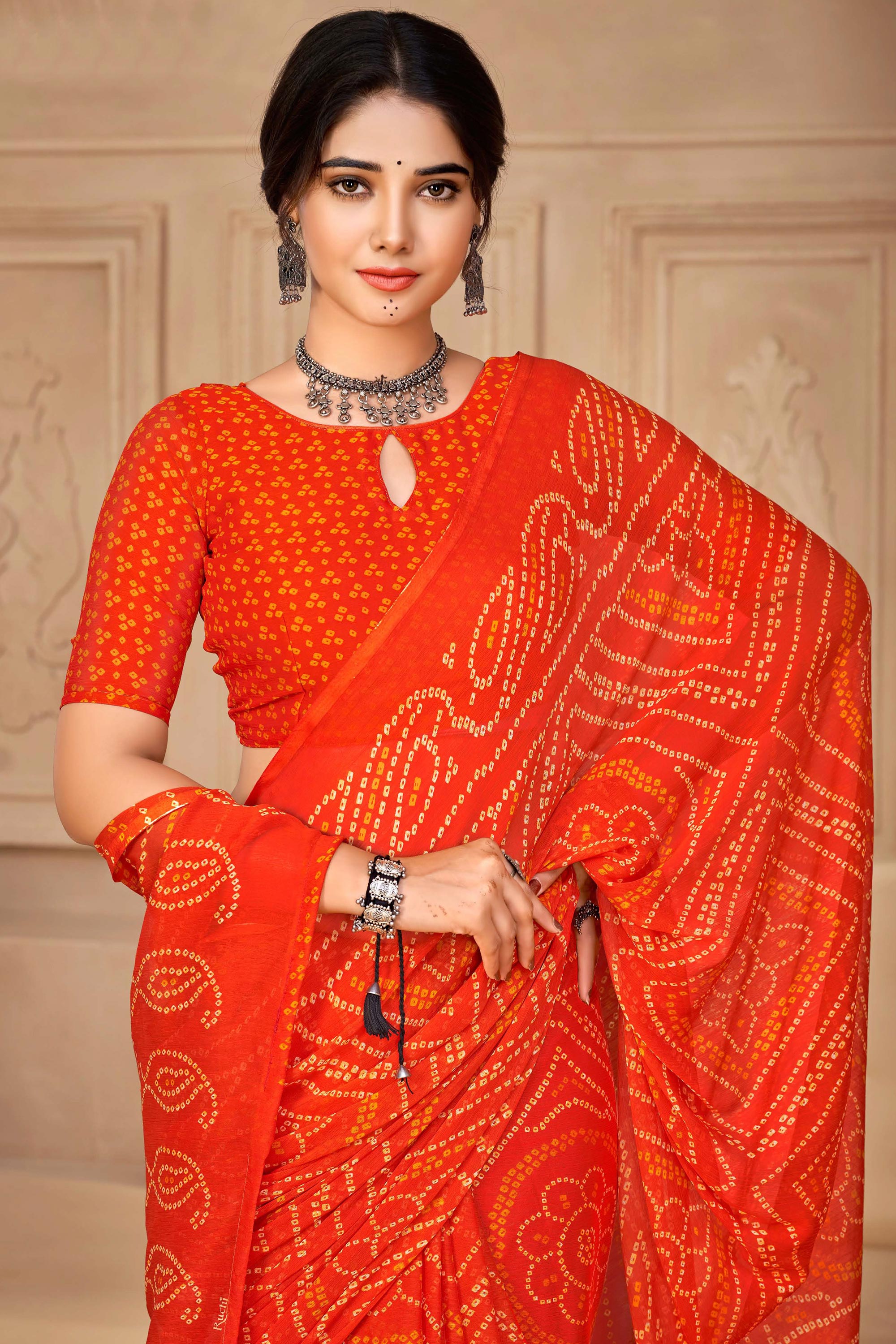 Casual Chiffon Fabric Orange Color Bandhani Print Saree