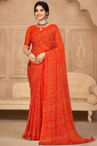 Casual Chiffon Fabric Orange Color Bandhani Print Saree