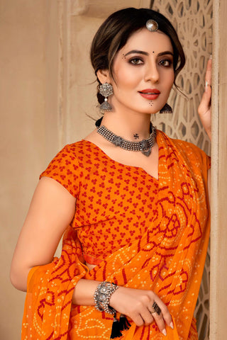 Chiffon Fabric Daily Bandhani Print Orange Color Saree