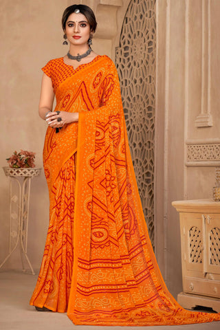 Chiffon Fabric Daily Bandhani Print Orange Color Saree