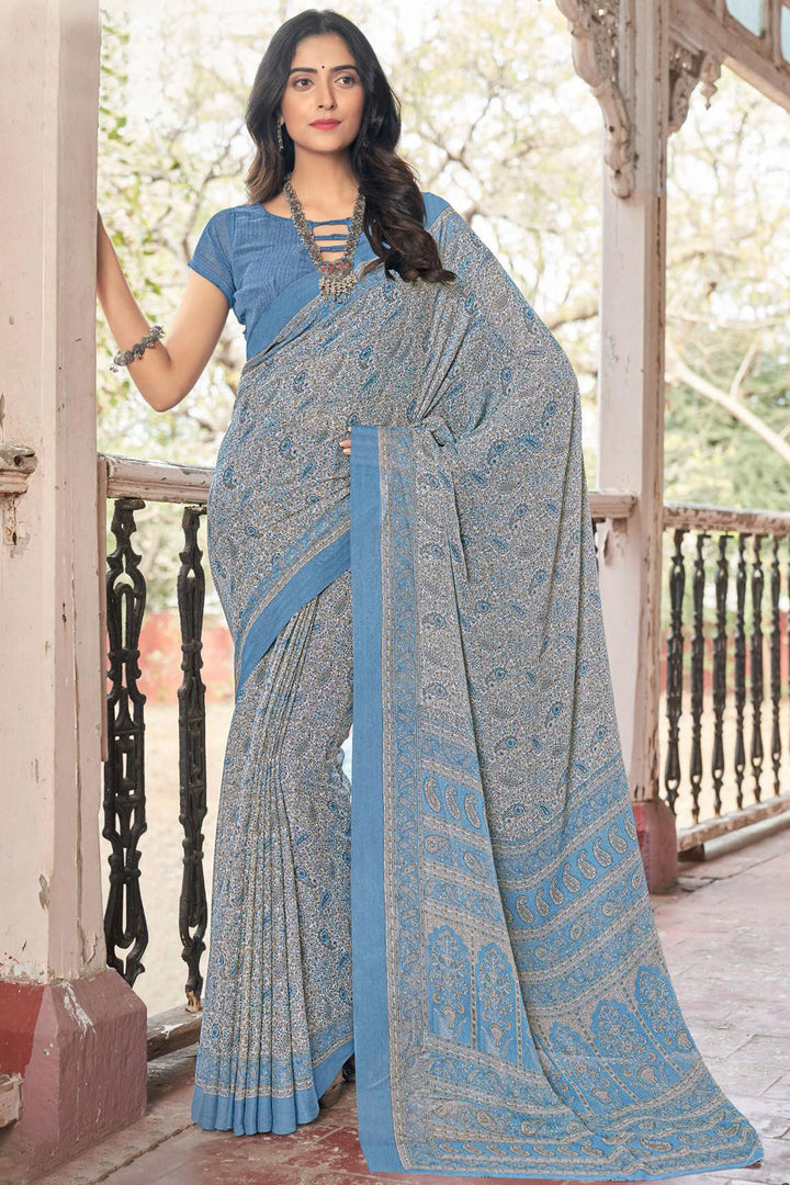 Chiffon Fabric Blue Color Printed Casual Saree