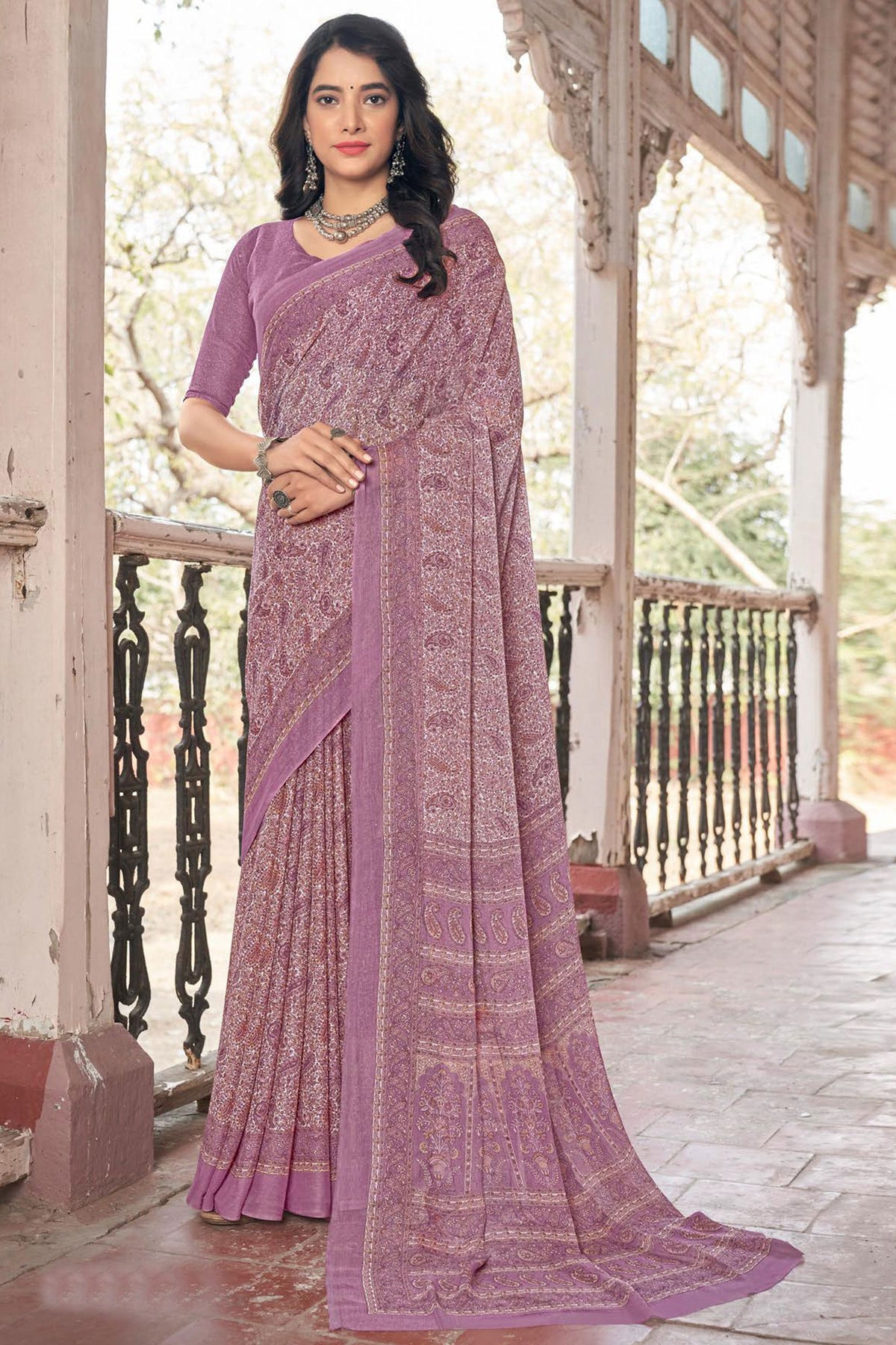 Chiffon Fabric Printed Daily Wear Pink Color Saree