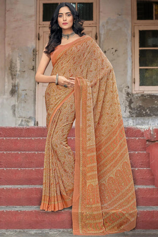 Printed Chiffon Fabric Daily Wear Saree In Peach Color