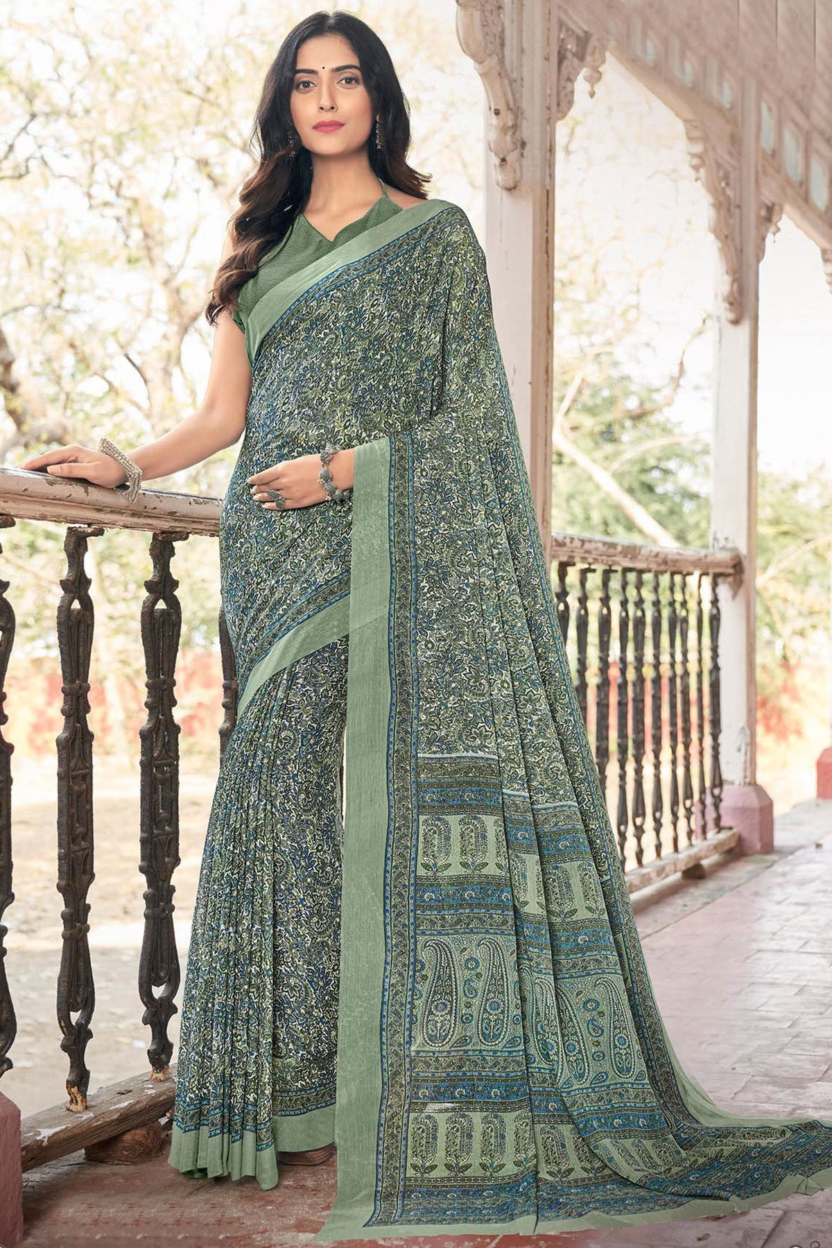 Chiffon Printed Sea Green Color Daily Wear Saree