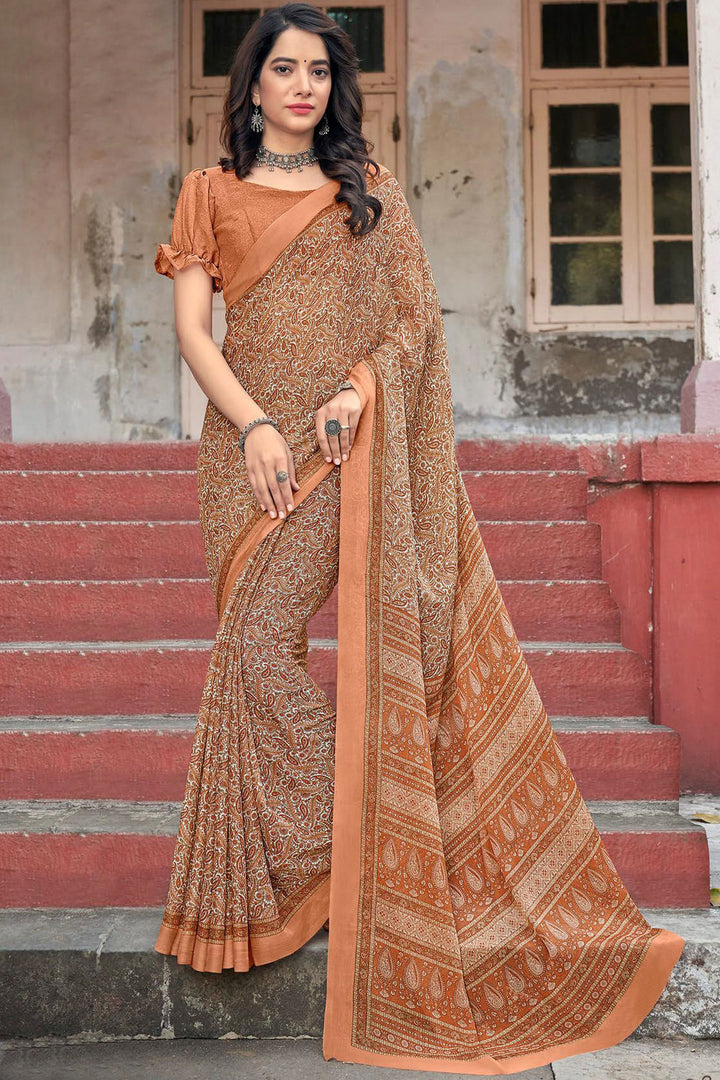 Peach Color Fancy Printed Daily Wear Saree In Chiffon Fabric