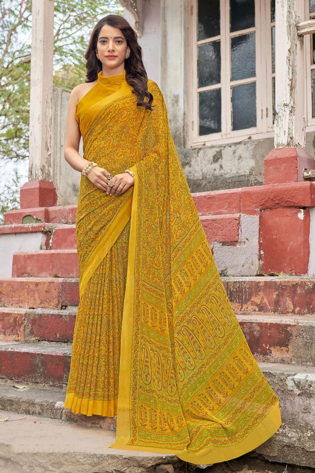 Chiffon Fabric Yellow Color Casual Look Winsome Abstract Printed Saree | Buy Online India