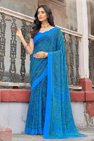 Blue Color Chiffon Fabric Casual Awesome Abstract Printed Saree