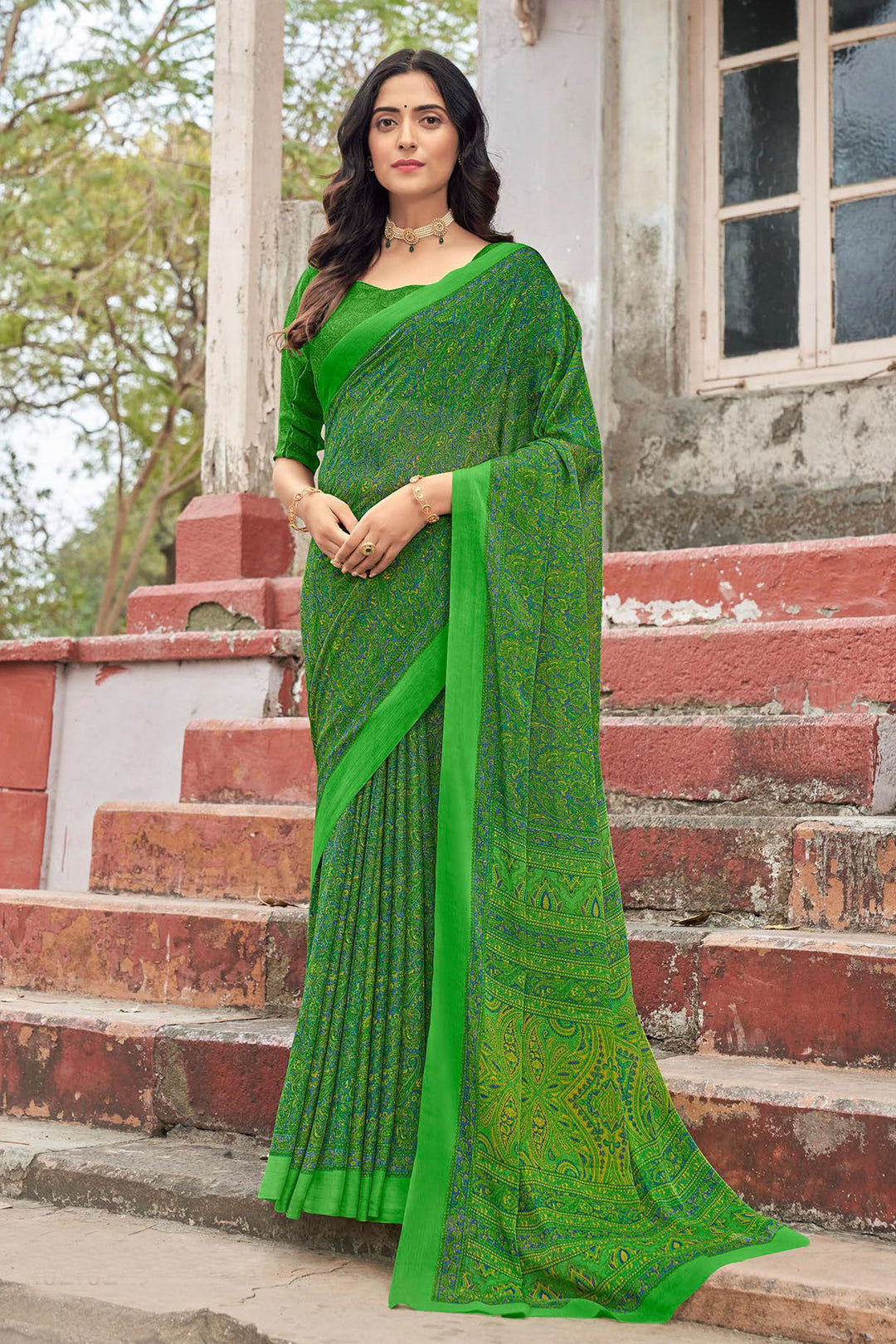Casual Green Color Inventive Abstract Printed Saree In Chiffon Fabric | Buy Online India