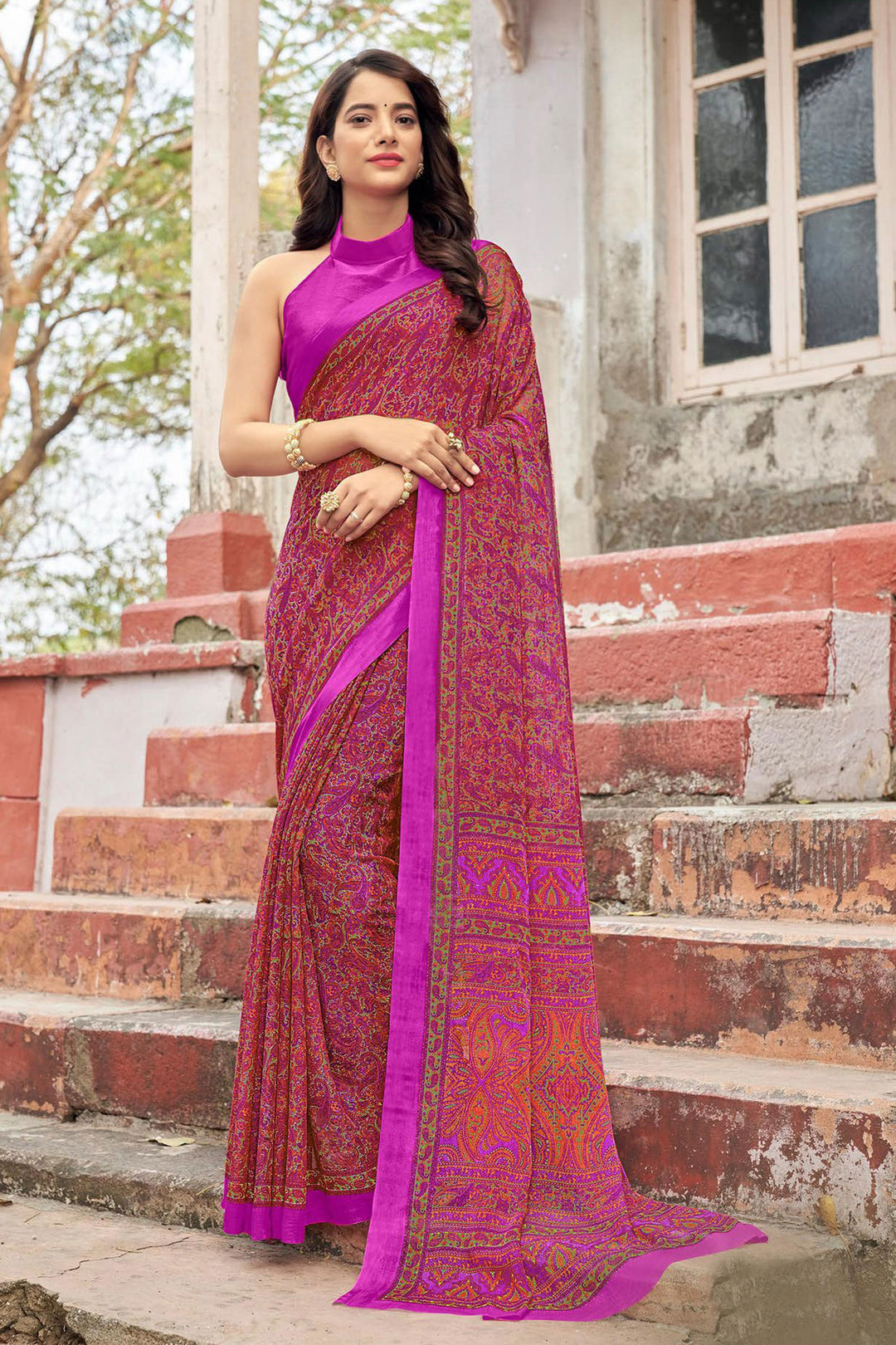 Pink Color Chiffon Fabric Alluring Casual Abstract Printed Saree | Buy Online India