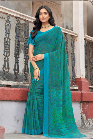 Elegant Chiffon Fabric Blue Color Casual Abstract Printed Saree