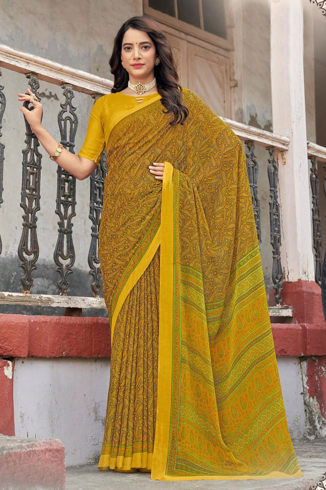 Yellow Color Casual Lovely Abstract Printed Saree In Chiffon Fabric | Buy Online India