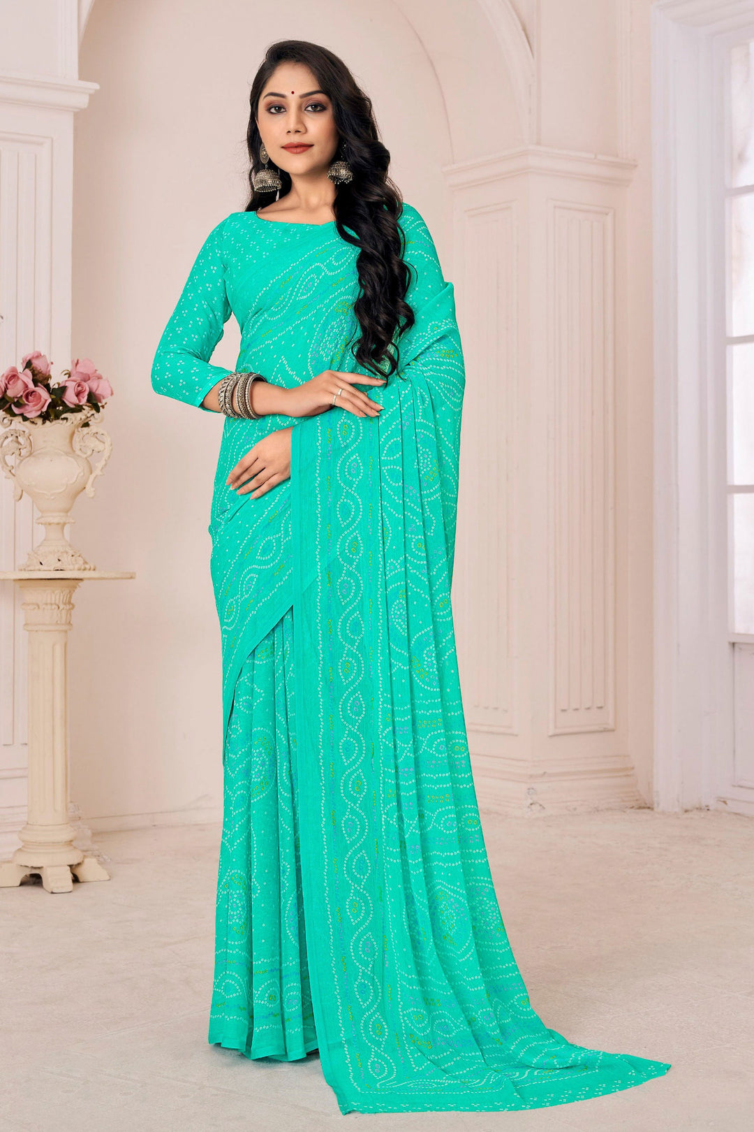 Sea Green Color Casual Wear Luminous Chiffon Printed Saree | Buy Online India