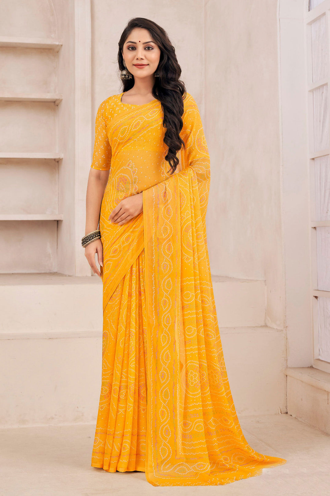 Casual Wear Vivacious Chiffon Printed Saree In Yellow Color | Buy Online India