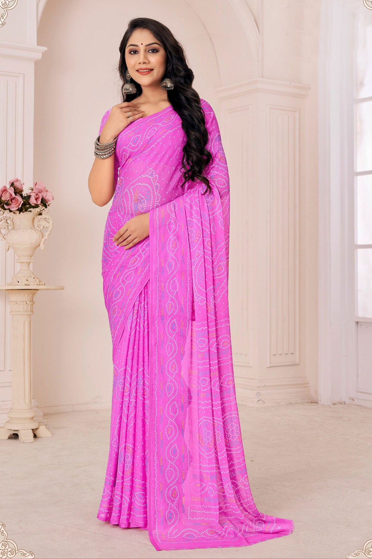 Casual Wear Mesmeric Chiffon Fabric Printed Saree In Pink Color