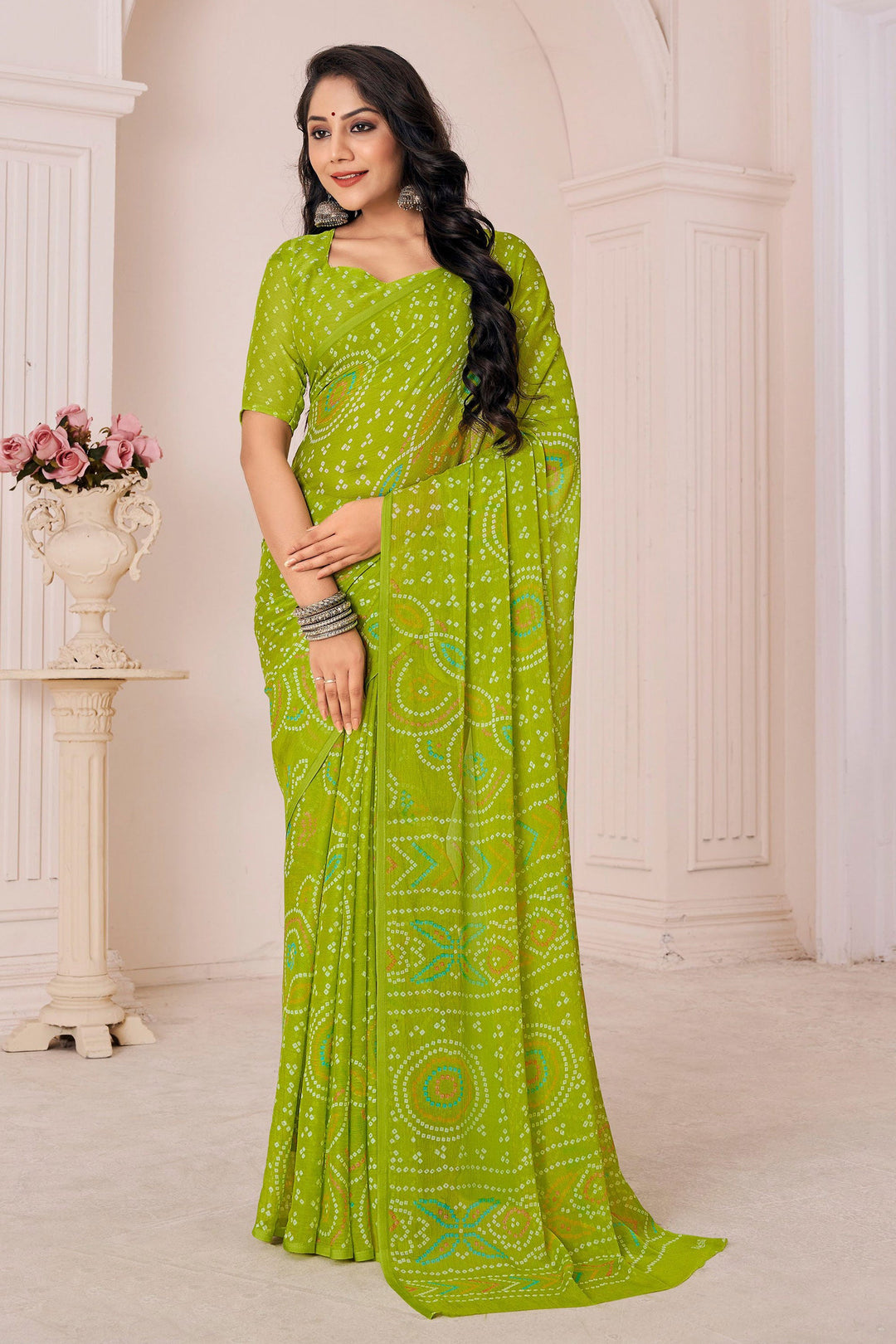 Casual Wear Wondrous Chiffon Fabric Printed Saree In Olive Color | Buy Online India