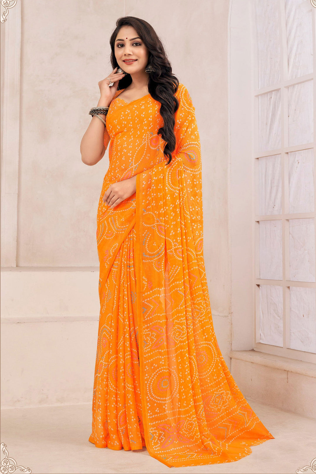 Casual Wear Vintage Chiffon Printed Saree In Orange Color | Buy Online India