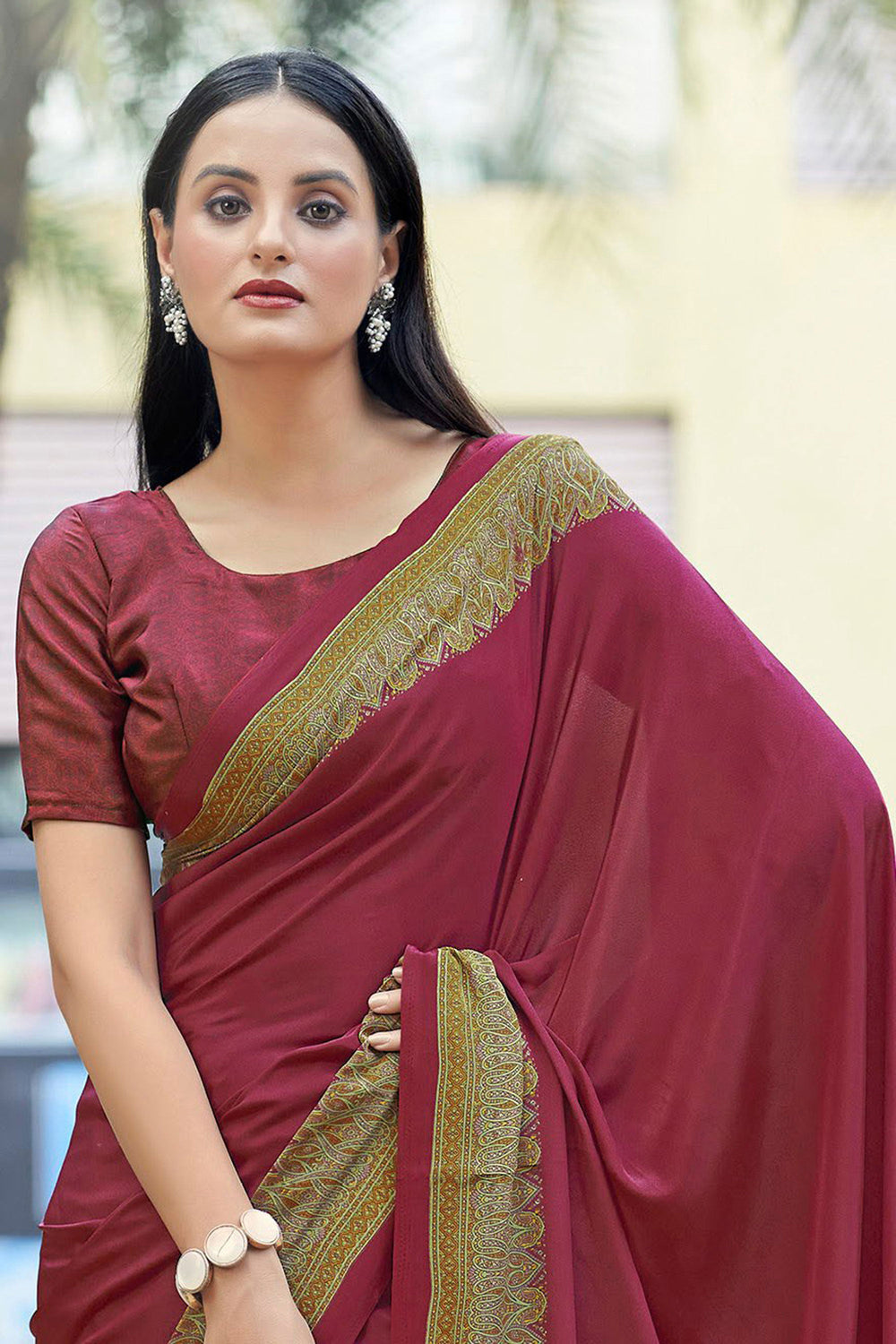 Dazzling Border Work On Maroon Color Casual Saree In Crepe Silk Fabric | Buy Online India
