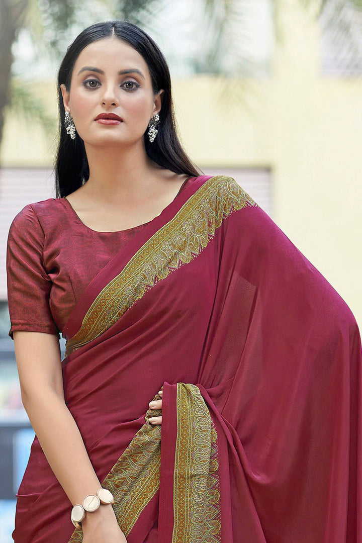 Dazzling Border Work On Maroon Color Casual Saree In Crepe Silk Fabric | Buy Online India