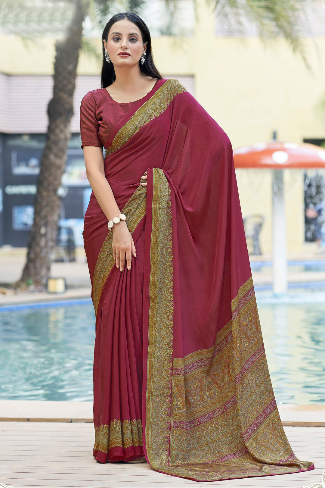 Dazzling Border Work On Maroon Color Casual Saree In Crepe Silk Fabric | Buy Online India