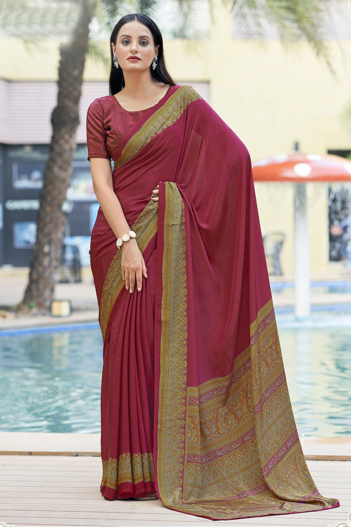Dazzling Border Work On Maroon Color Casual Saree In Crepe Silk Fabric | Buy Online India