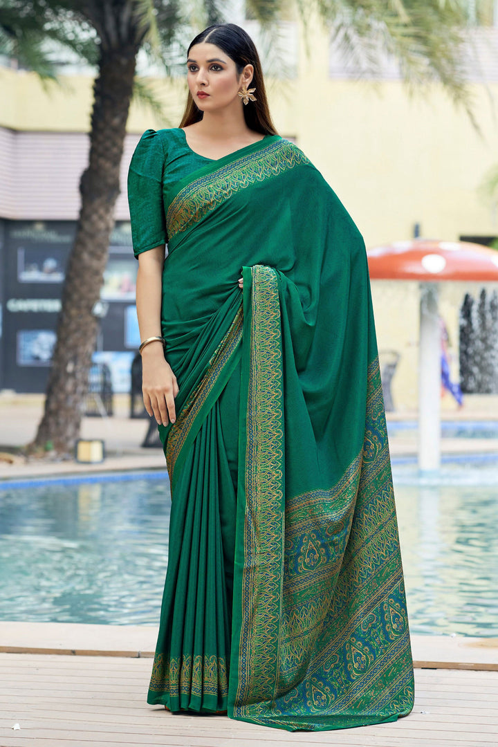 Entrancing Crepe Silk Fabric Casual Saree In Green Color With Border Work | Buy Online India