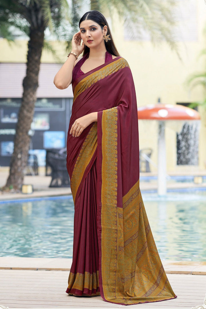 Mesmeric Maroon Color Border Work On Casual Saree In Crepe Silk Fabric | Buy Online India