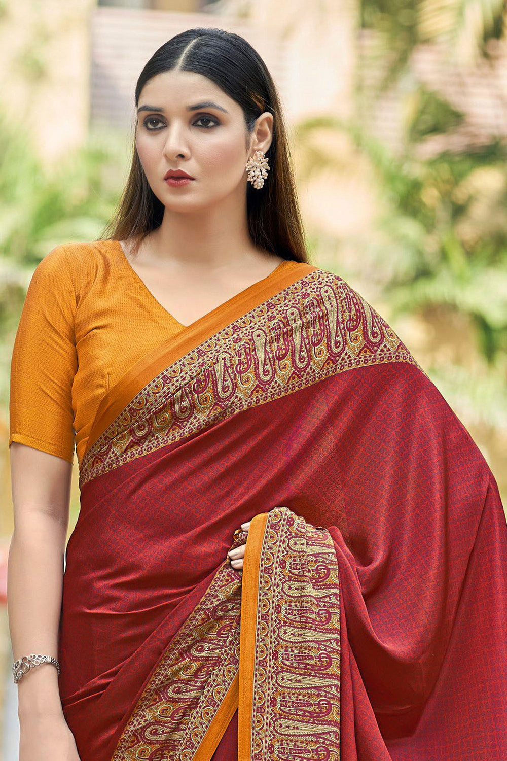 Radiant Border Work On Red Color Crepe Silk Fabric Casual Saree | Buy Online India