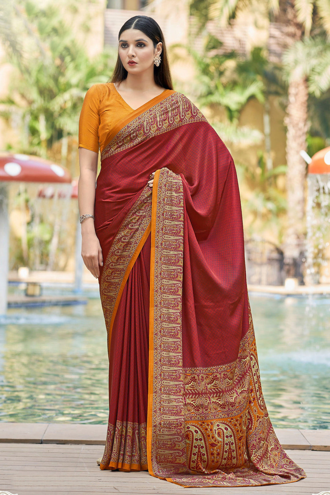 Radiant Border Work On Red Color Crepe Silk Fabric Casual Saree | Buy Online India