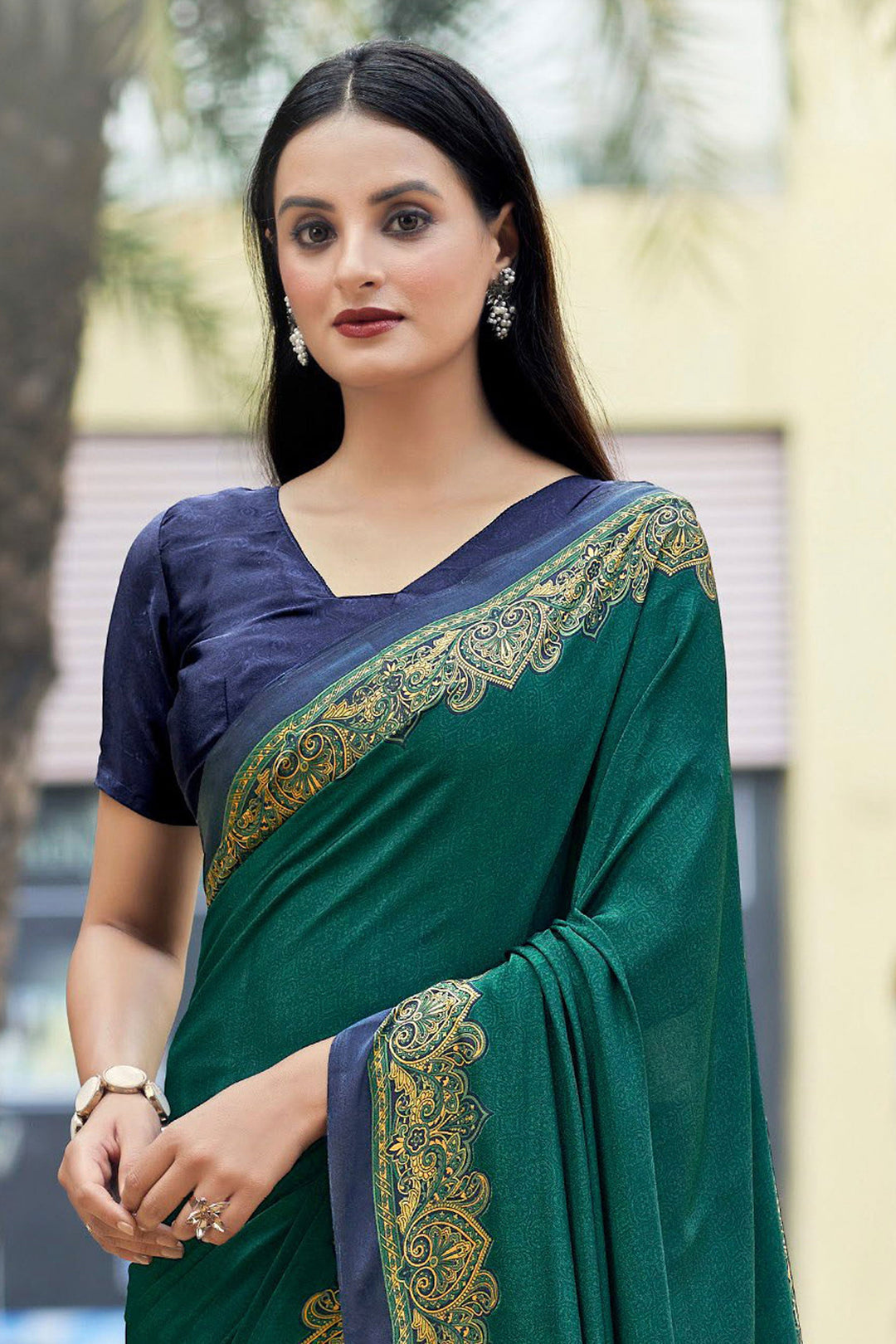 Incredible Border Work On Crepe Silk Fabric Green Color Casual Saree | Buy Online India