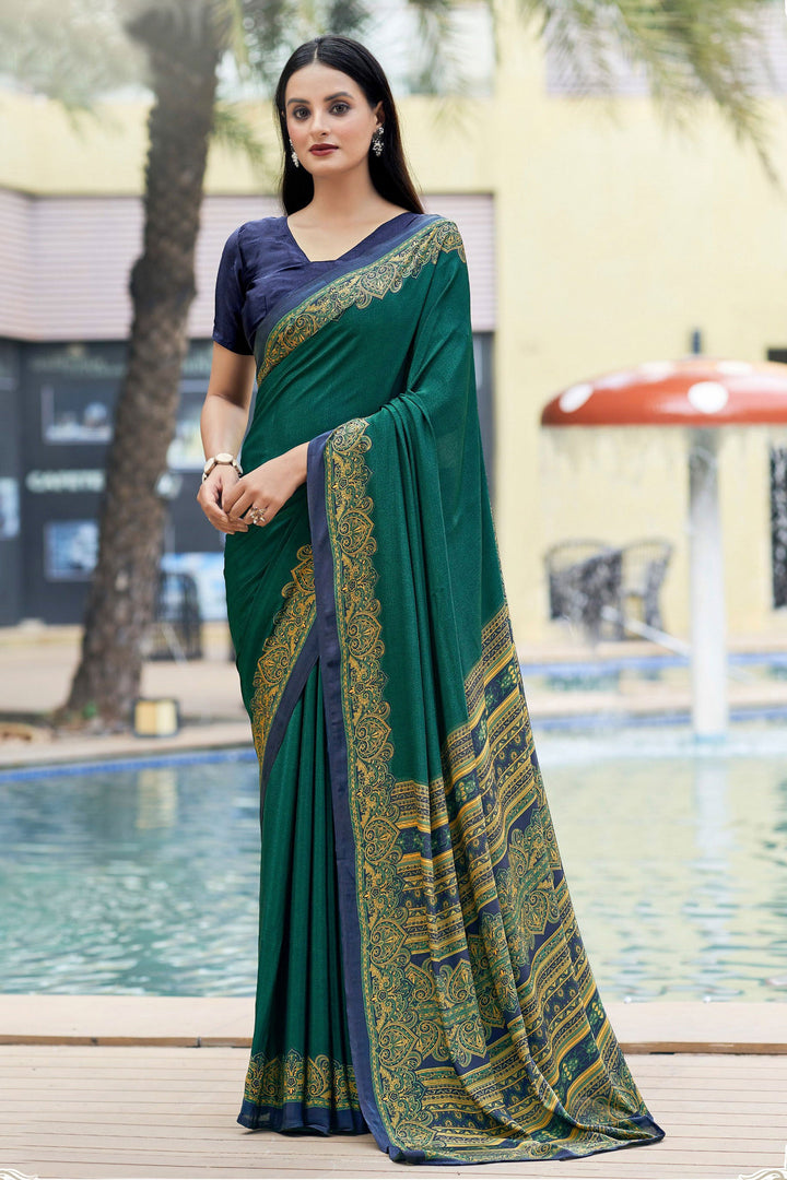 Incredible Border Work On Crepe Silk Fabric Green Color Casual Saree | Buy Online India