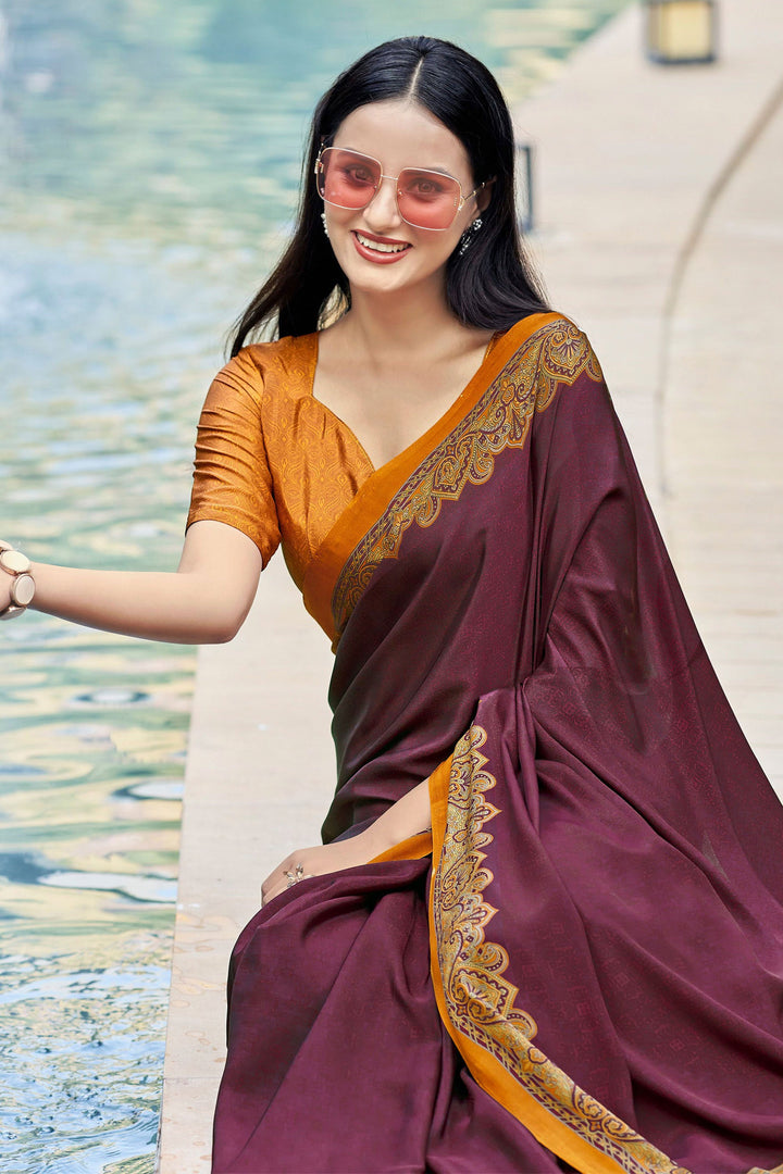 Classic Border Work On Wine Color Casual Saree In Crepe Silk Fabric | Buy Online India