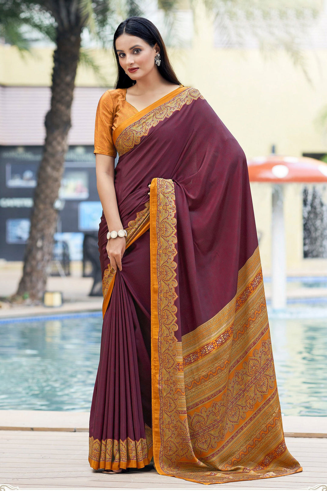 Classic Border Work On Wine Color Casual Saree In Crepe Silk Fabric | Buy Online India